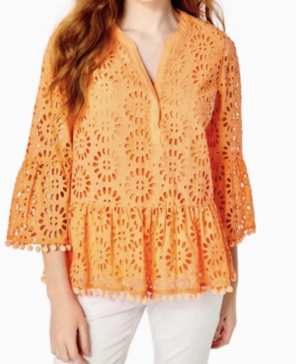 Lilly Pulitzer Bekah Pinwheel Eyelet Blouse Cantaloupe Orange Women's Size XL